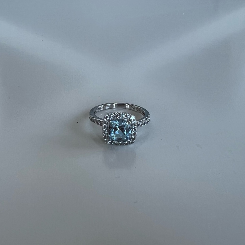 Aquamarine Cushion Cut Haloed Cubic Zirconia Ring Sterling Silver Setting